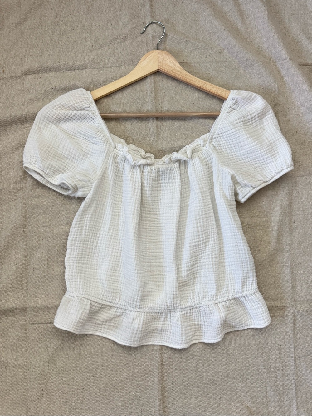 I.N. San Francisco White Cotton Gauze Top Size S Puff Sleeve Ruffle Boho